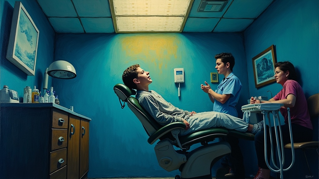 A 14-year-old boy floating near the ceiling of a dentist's office in 1981, looking down at his own body in the chair, the dentist and assistant working, his mother sitting nearby, unable to hear him calling out.