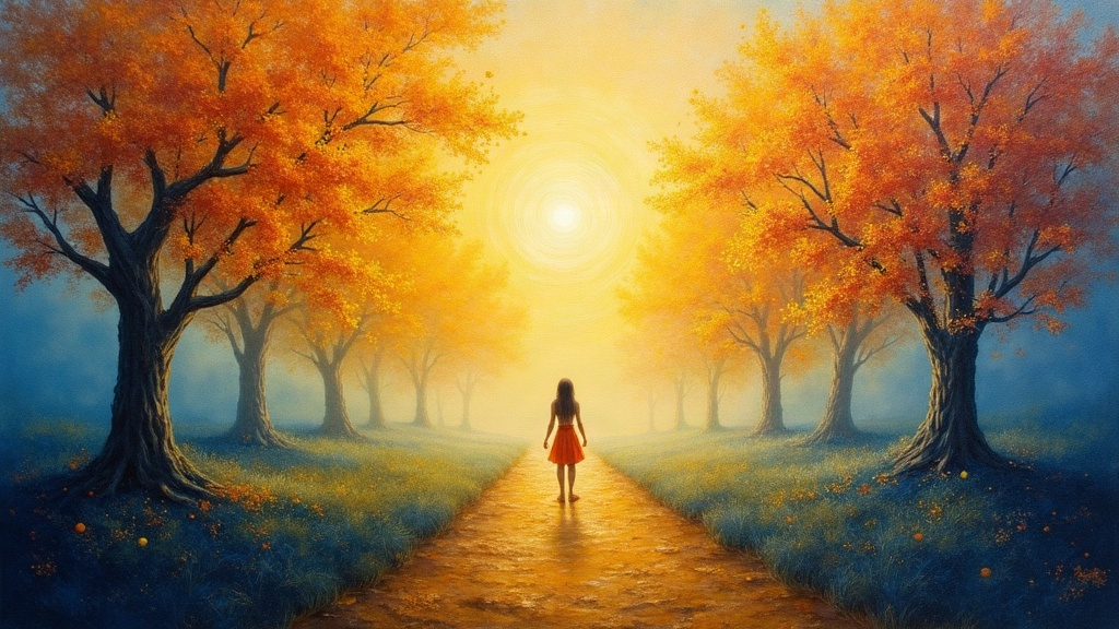 A vast world where everything glows with its own inner light, trees and leaves producing visible music, beautiful youthful beings living in a realm more gigantic than the physical universe, no shadows anywhere, only radiance and sound.