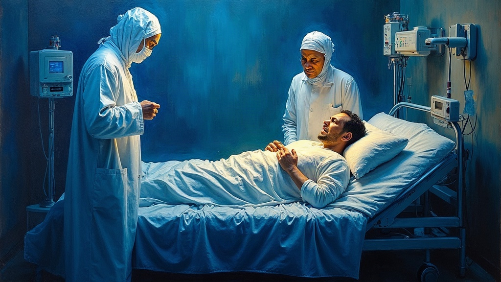 A man lying in a hospital bed, his heart stopped, while medical staff work frantically around him. His ghost-like form stands beside the bed watching, accompanied by a luminous spiritual teacher invisible to the doctors.