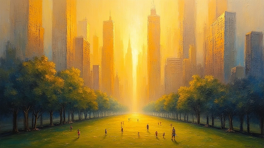 A magnificent golden city with towering buildings reaching into the sky, opaque windows, clear streets, and perfectly maintained parks with impossibly green grass where children play in the distance.