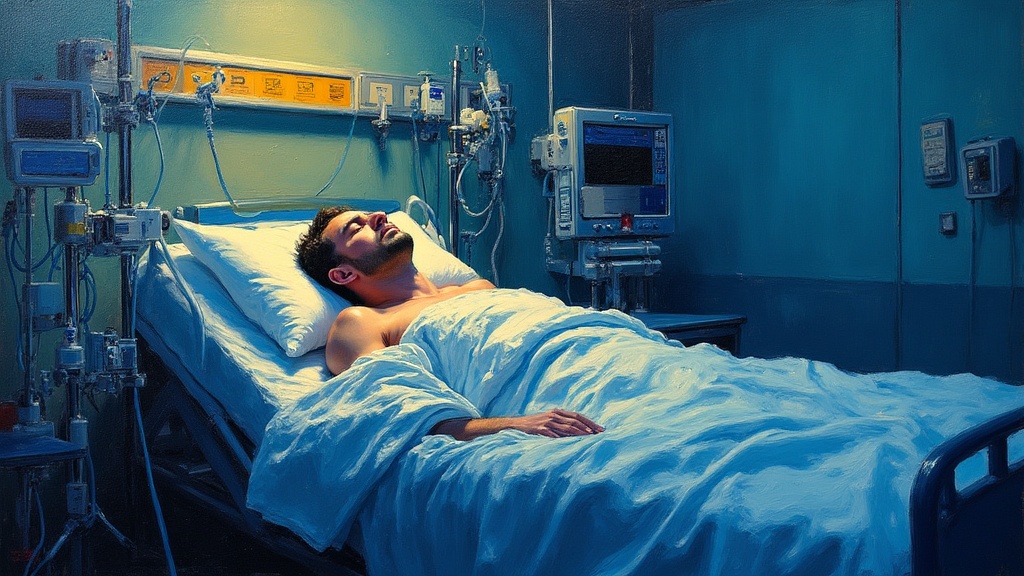 A man on a hospital bed, unconscious on a ventilator and ECMO machine, surrounded by medical equipment, tubes, and monitors in an intensive care unit during the COVID-19 pandemic.