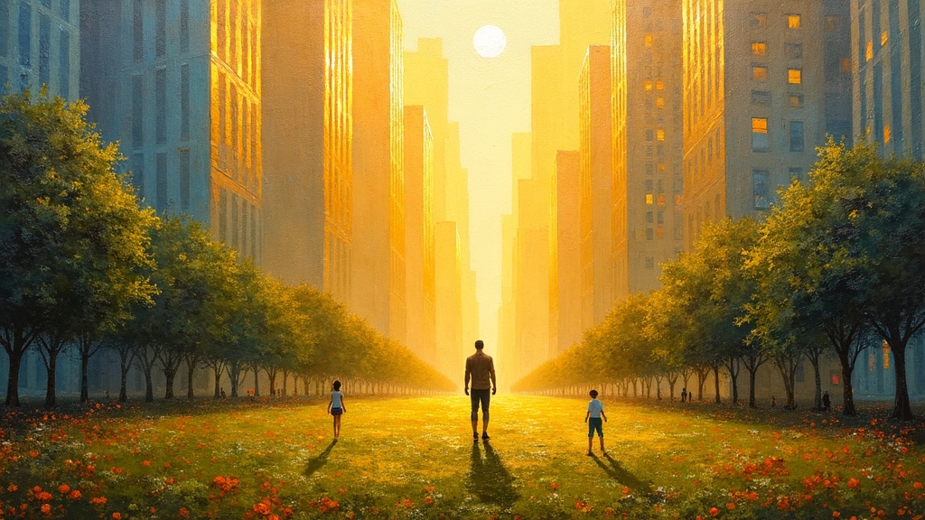 A bodyless consciousness standing in a beautiful golden city with tall skyrise buildings with opaque windows reaching into the sky, parks with brilliant green grass and flowers, children playing, all bathed in warm golden light.