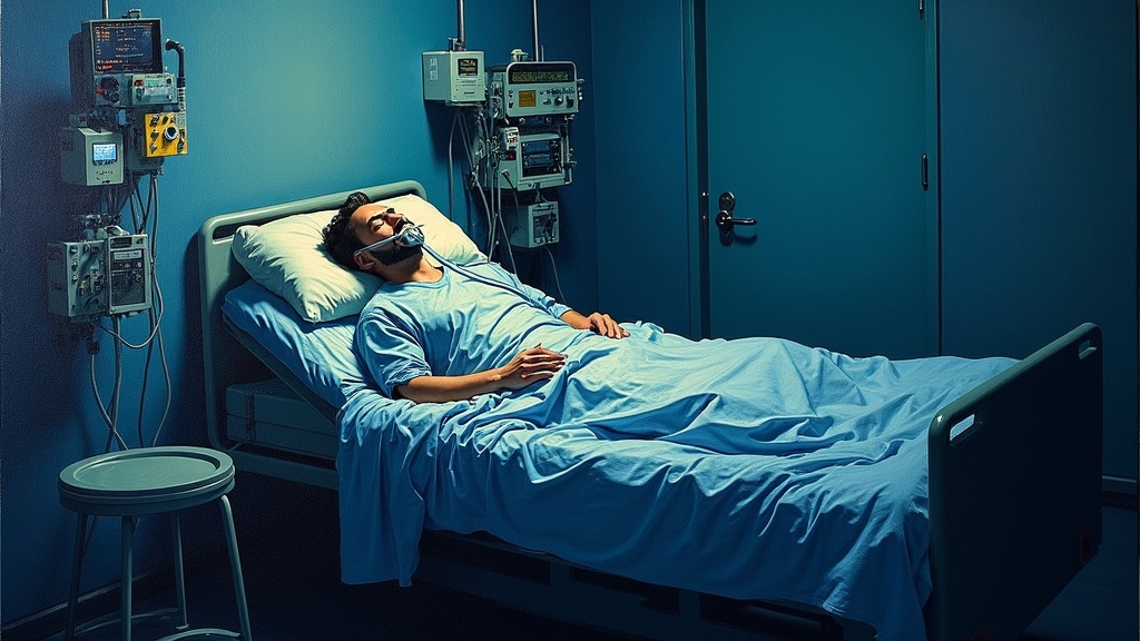 A man lying intubated in a hospital isolation room, every organ failing from COVID-19, machines surrounding him, family unable to enter due to pandemic restrictions.