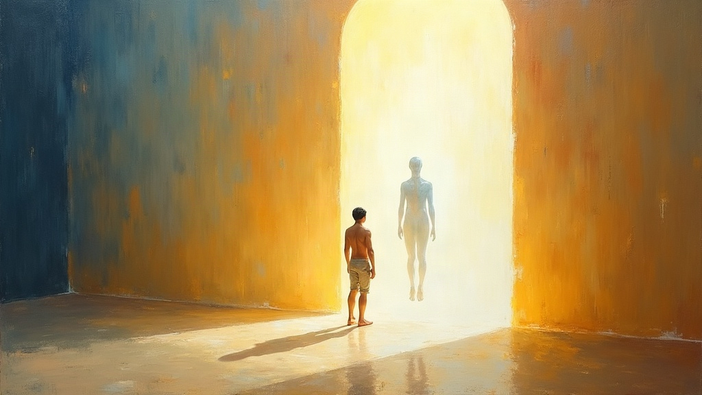A huge white cone-shaped light, like a spotlight, shining from the corner of a room onto a floating translucent form of a person. A gentle, genderless being of light stands at the end of the cone, welcoming the person forward.