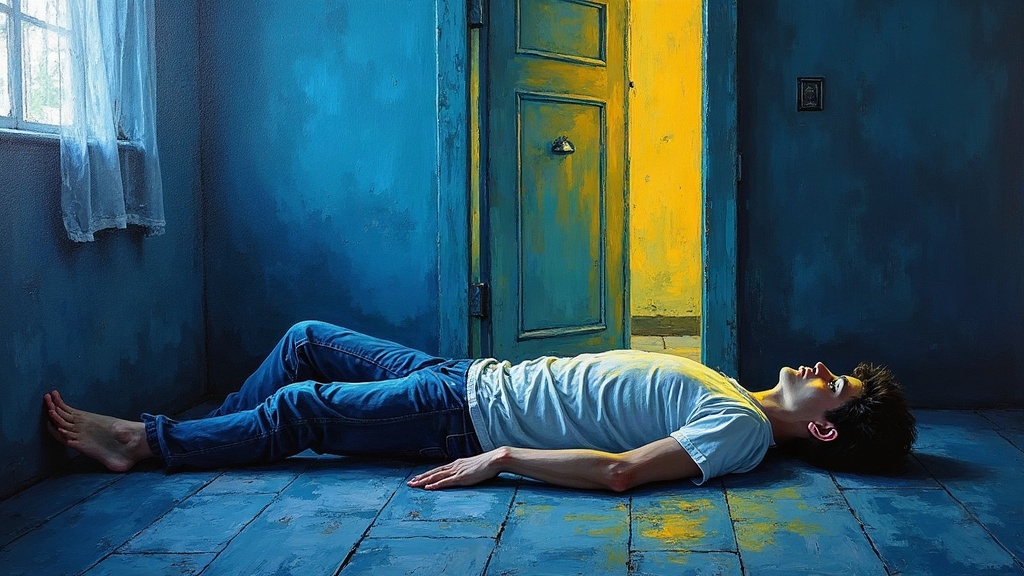 A young man lying face down on a bedroom floor, lifeless, with his consciousness floating above in a neutral corner of the room, looking down at his own body. The colors are vivid and alive.