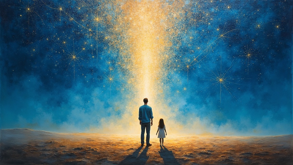 A man standing in the middle of a timeless expanse of blue sky, seeing himself down below in a hospital bed, while above him hangs an infinite web of trillions of twinkling lights like neurons woven together, with his special needs daughter Maria standing before him emanating spiritual light, perfect and whole.