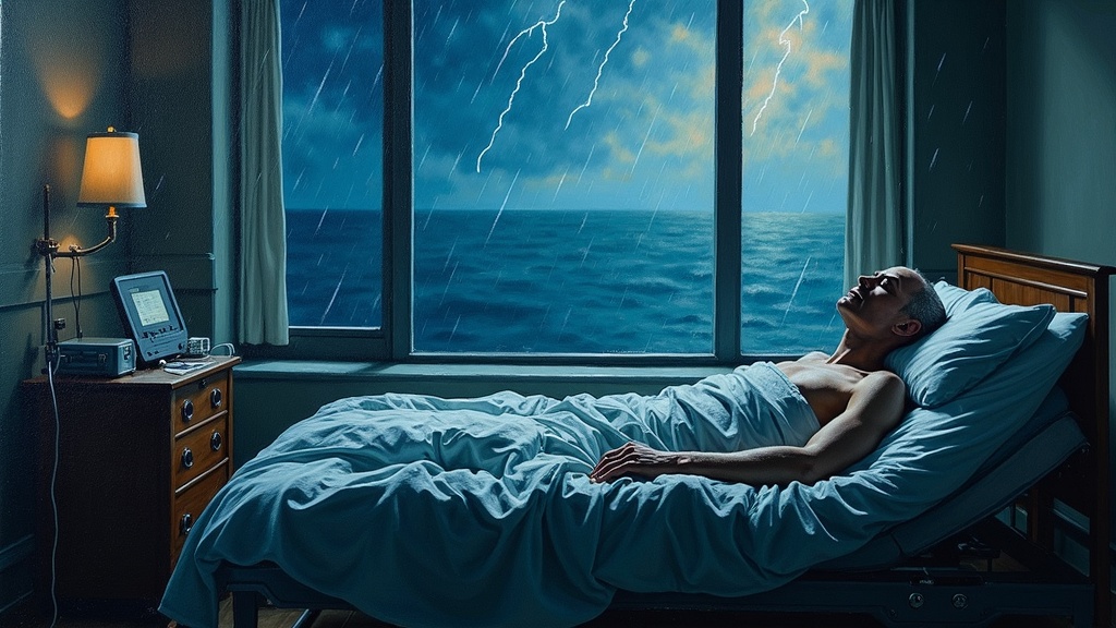A man lying in a hospital bed on the eighth floor overlooking Lake Michigan during a violent storm, with heavy sheets of rain hammering against the window, lightning flashing, and medical equipment including a heart pump and IVs surrounding his atrophied body.