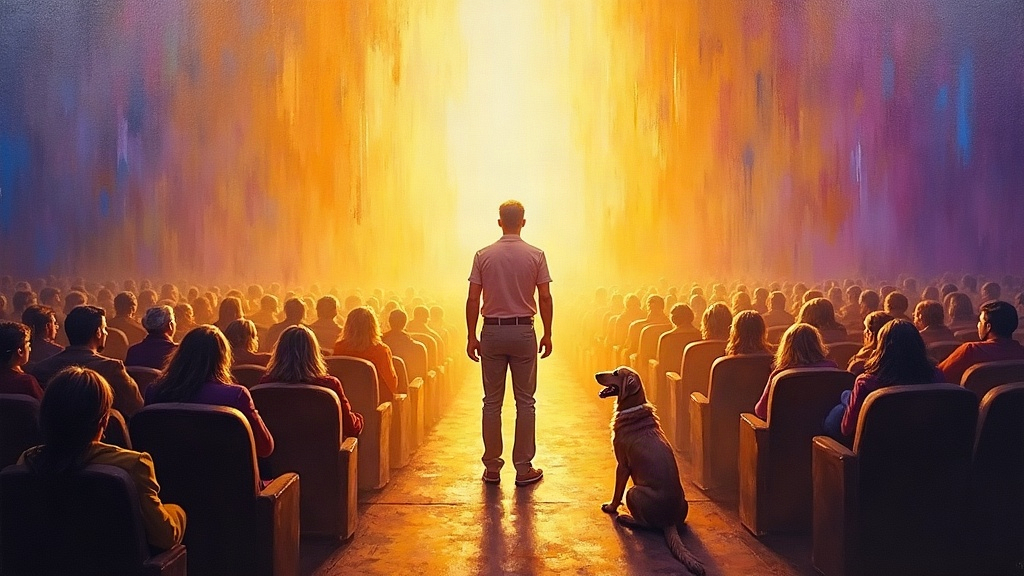 A man standing before an overwhelming bright presence too brilliant to look at directly, surrounded by souls in an auditorium-like space, with a joyful golden retriever dog named Scooter sitting to the right, warm unearthly colors of gold, violet, and shades that don't exist on Earth filling the scene