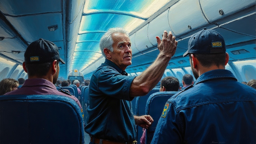 A man in his 60s collapsing while putting luggage in an airplane overhead bin, surrounded by passengers and off-duty firemen rushing to help, airplane interior visible