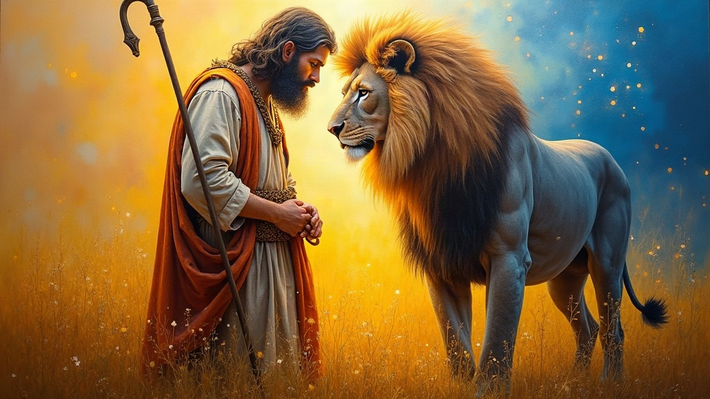 A bearded being in a felted robe with a shepherd's staff stands in a field, his forehead touching a child's forehead, golden threads of light connecting sparkling gems visible between them, the being's face shifting between human and lion