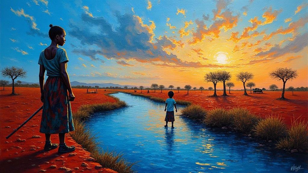 An eight-year-old girl by a creek in rural Africa, a soldier with a rifle in the distance, the moment before the trigger pulls, red earth and sparse trees under an African sky