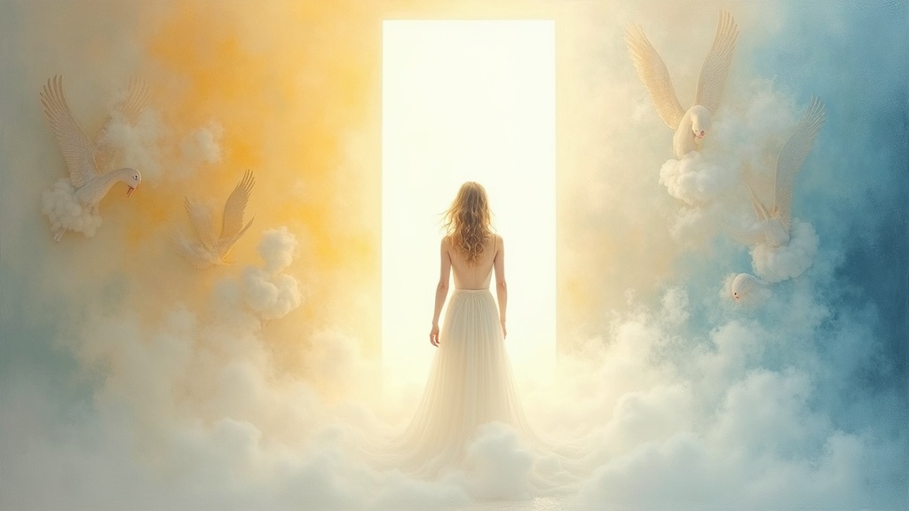 A woman in a luminescent white room with heavy mist falling and swirling around her, approaching a door 15 feet away, spiritual beings surrounding her but barely visible in the bright white light.