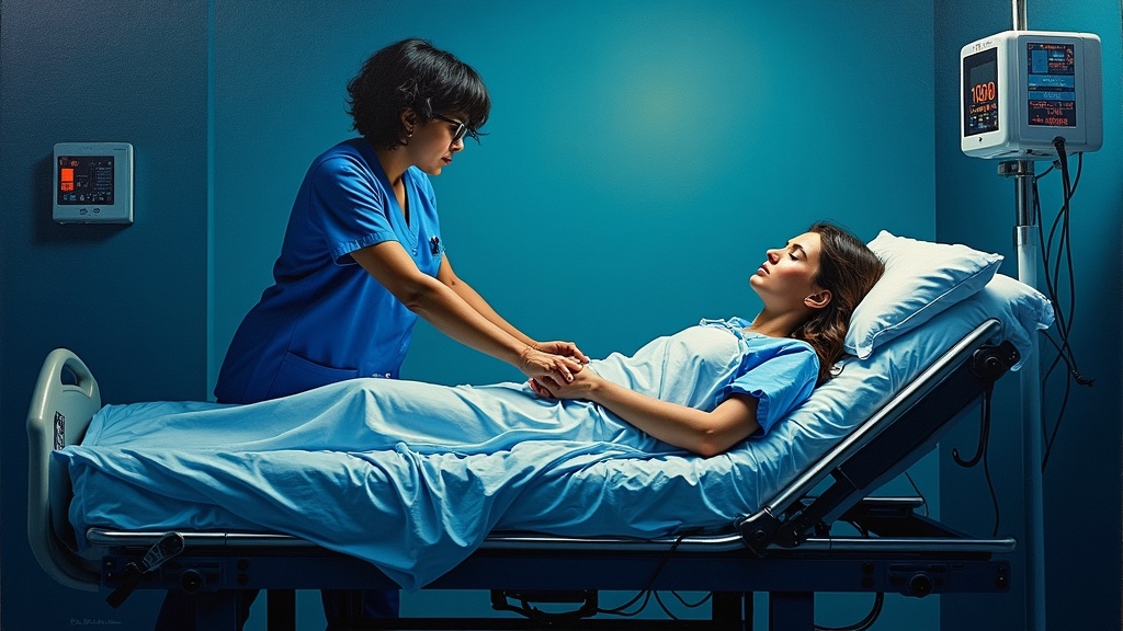 A woman lying on a hospital gurney in a small emergency room, blood pressure monitor reading error, morphine having just been administered, her eyes closed, a motherly nurse holding her hand.