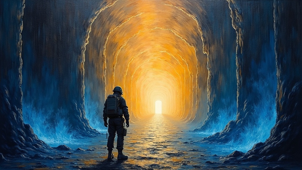 A massive spiraling descent into blue-white flames, with a lone figure in bunker gear standing as a beacon of light in absolute darkness, jail cells carved into walls of fire stretching infinitely downward toward a throne