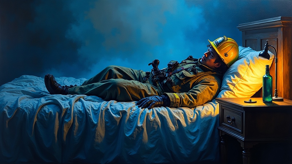 A firefighter in modern gear lying unconscious in bed, his breathing stopped, darkness gathering around him like a living presence, a flask of vodka on the nightstand