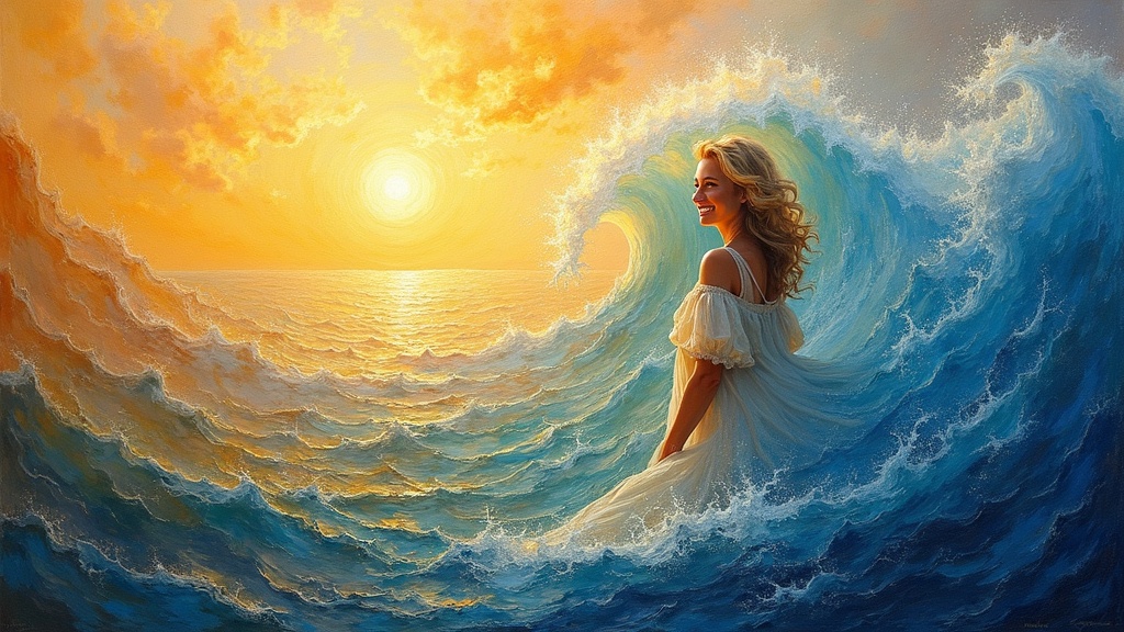 An infinite ocean of luminous souls flowing in all directions like waves of light and energy, with a woman in her late 50s with wavy blonde hair turning to smile and nod in recognition across the vast expanse.