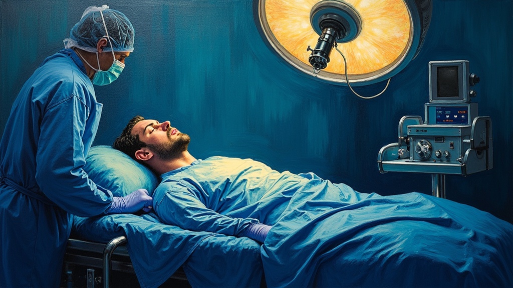A man lying unconscious on an operating table under bright surgical lights, medical equipment surrounding him, as doctors work to save his life from a venomous spider bite.