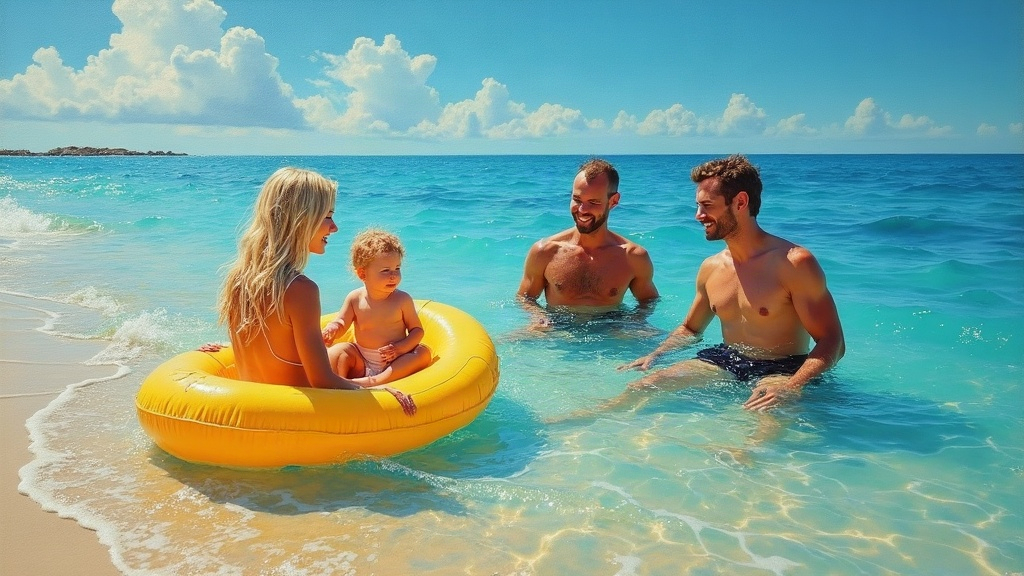 A serene beach with crystal-clear ocean water, a blonde mother in her late thirties playing with her nine-month-old baby in a yellow raft in shallow water, three men treading water chest-deep in a circle talking and laughing, all bathed in overwhelming peace and love.