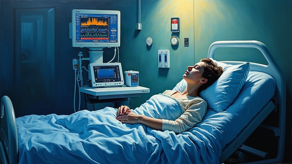 A woman lying in a hospital recovery room bed, surrounded by six to ten nurses moving frantically, with a broken bear hugger blanket blowing cold air, her vitals dropping on the monitor beside her.