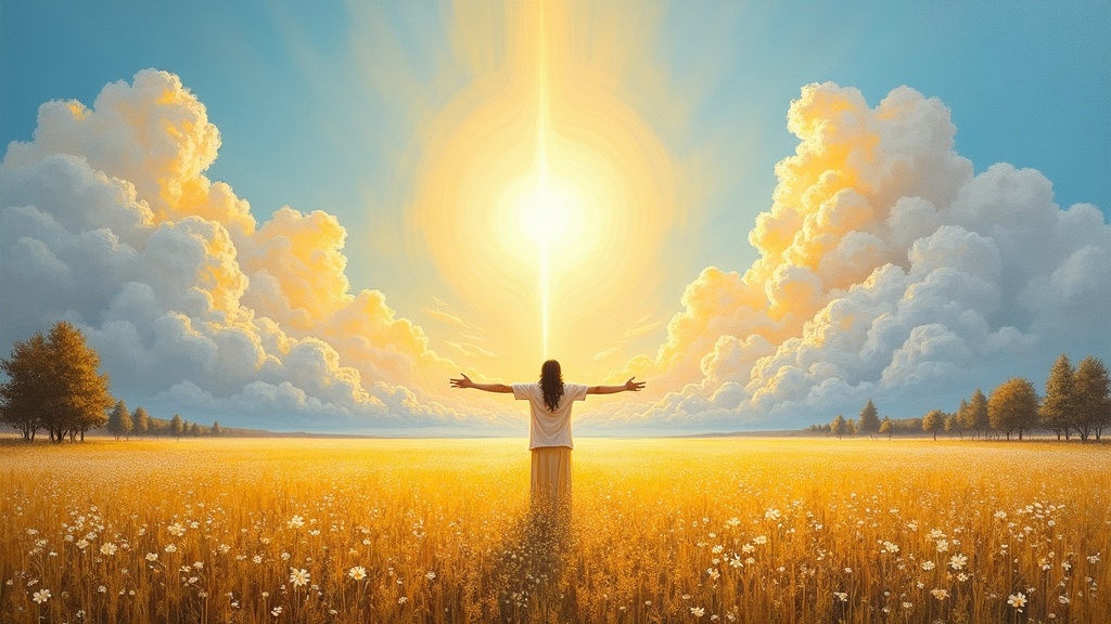 A figure standing in a luminous field of wildflowers and golden-tipped grass, facing three clouds (two pure white, one pearl), with massive sequoia-like trees with gold-edged leaves in the distance, rays of light streaming from behind the clouds, an outstretched hand emerging from the pearl cloud