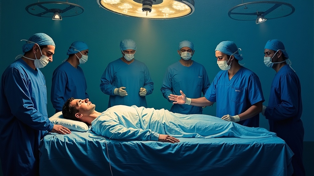 A man lying motionless on an operating table, sheet draped across his chest, heart monitor flatlined, medical staff rushing in while a doctor continues working on his hand, fluorescent lights overhead