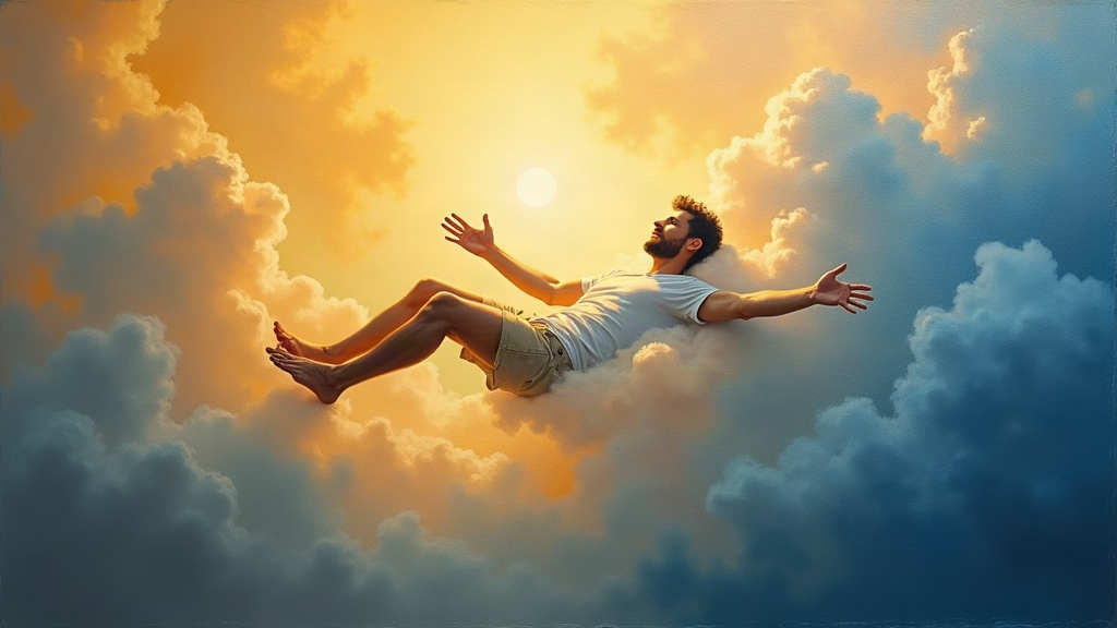 A man floats peacefully above his body in a timeless space. Through a luminous cloud, a comforting hand reaches toward him, accompanied by a familiar, loving presence. The scene radiates profound peace and beauty.