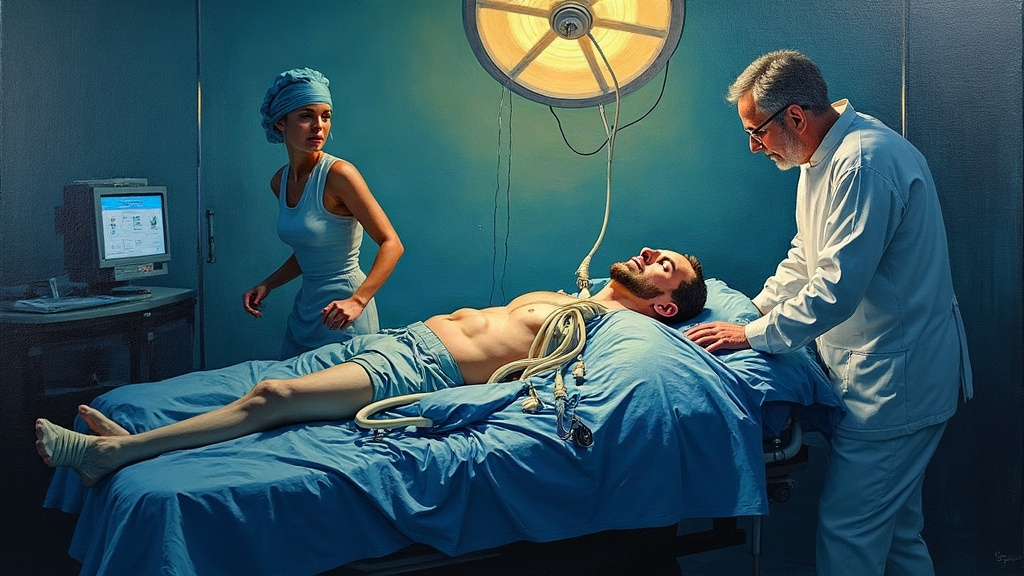 A surgical room in crisis: a man lies on an operating table, his arm wrapped in a medical device with two valves. A nurse runs from the room in distress while a doctor leans over the patient, working urgently. The atmosphere is tense and chaotic.