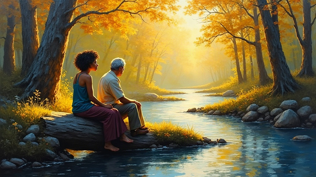 A woman sitting on a log beside a stream in a wooded glen bathed in golden light, an older man with short black curly hair and blue eyes sitting on the other end of the log, both surrounded by trees with light filtering through the branches