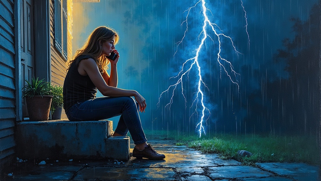 A woman sitting on concrete back steps talking on a cordless phone as rain begins to fall, a lightning bolt striking her right arm with searing light, black char marks scorching the concrete beneath her