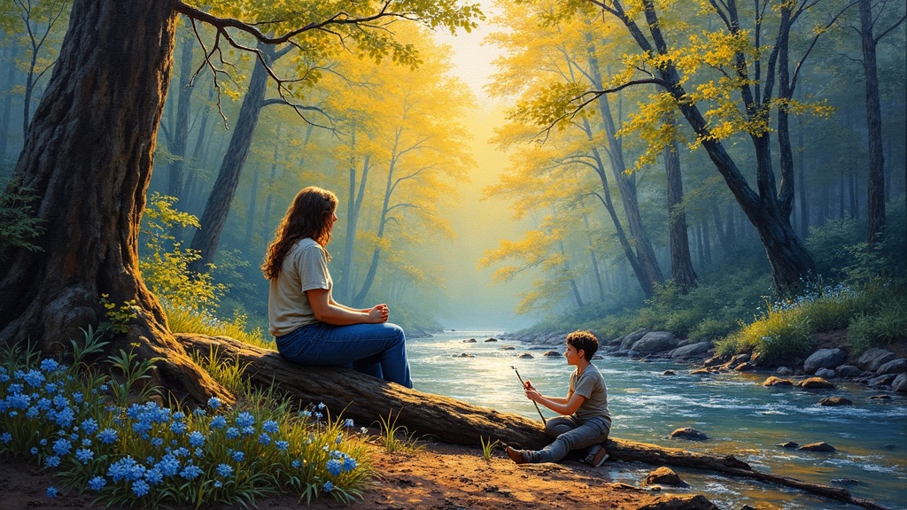 A woman sitting on a log by a stream in a wooded glen, pine needles and blue flowers on the ground, talking with a man who is doodling in the dirt with a stick, surrounded by ancient trees