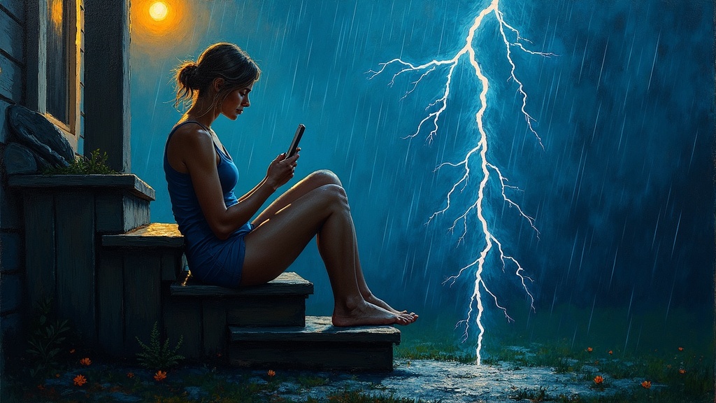 A woman sitting on wooden back stairs during a rainstorm, lightning bolt striking her right arm, phone in hand, the bolt traveling through her body toward the ground