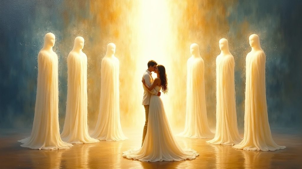 Six towering beings made of glowing white light standing in a circle in a room filled with brilliant white radiance, their forms shaped like humans but luminous and radiant, lifting a young woman up from her body as she embraces them with profound recognition and gratitude