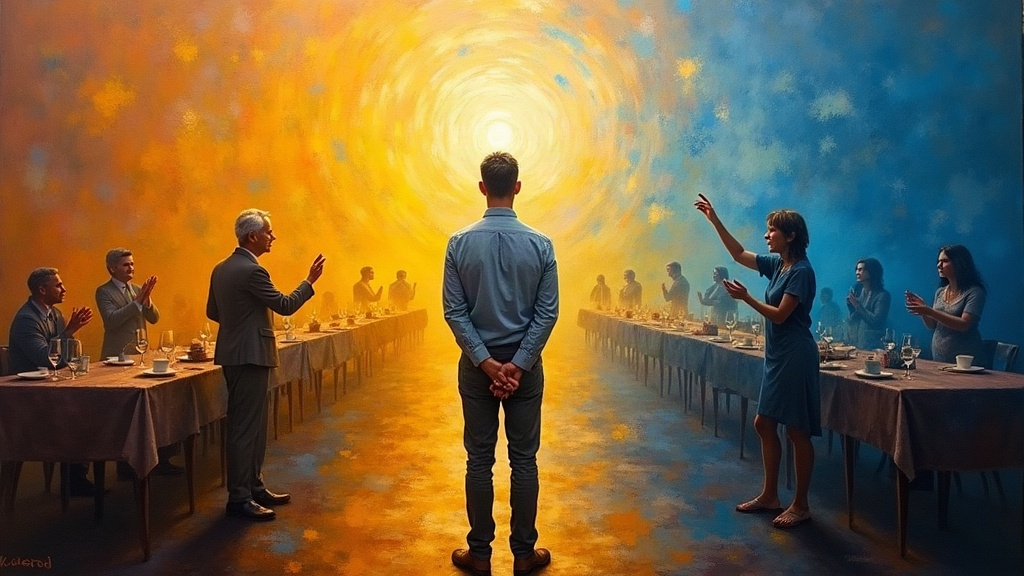 A man stands in a restaurant-like setting with young spirits who have not yet incarnated, while a praying woman emanates waves of loving energy, and the owner places hands on the man's shoulders revealing himself to be the man's own higher self.