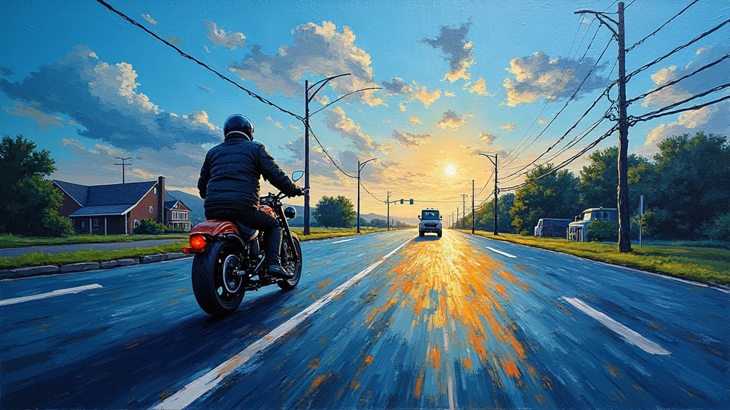 A motorcycle rider on a Harley Davidson approaches an intersection in heavy traffic on a hot summer day as a truck makes a left turn directly into his path, the moment before impact on a Long Island parkway.