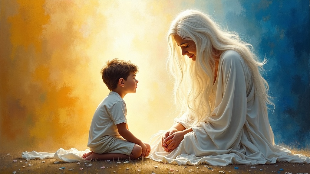 A young boy sitting beside a radiant being with long silvery-white hair nearly touching the ground, wearing a flowing white robe, the being's face glowing with white light as the boy is pulled into it, seeing a peaceful world beyond.