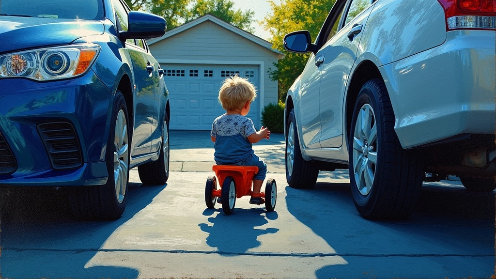A four-year-old boy on a low plastic Big Wheel tricycle pinned underneath the back tire of a car in a suburban driveway between two parked vehicles, the wheel jammed under the tire.