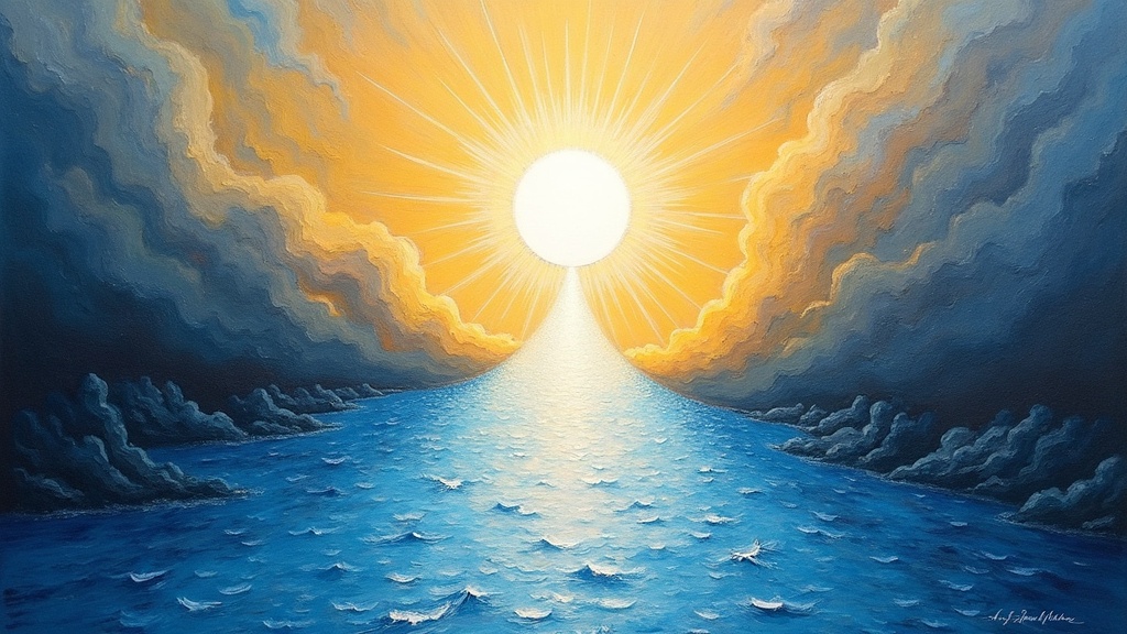 A formless ball of energy ascends through the roof of a building and enters a vast river of bluish-white light. The light is composed entirely of pure love and peace, flowing like an infinite stream of positive energy, with no boundaries or edges, just endless radiance and warmth.