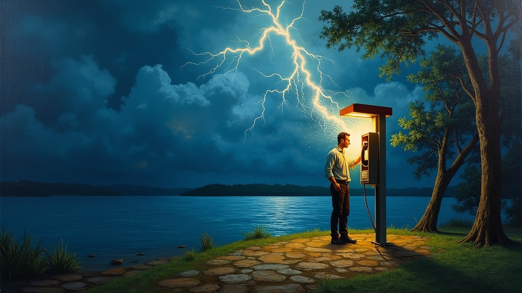 A man stands at a pay phone attached to a lakeside pavilion building. A massive bolt of lightning erupts from the phone receiver, striking him in the face with a blinding flash of light, throwing him backward like a ragdoll as storm clouds gather over the lake behind him.