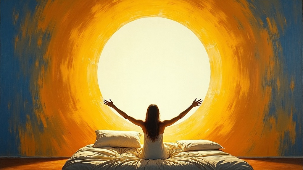 A figure sitting up in bed with arms outstretched toward a massive circle of liquid molten golden white light filling the bedroom wall and ceiling, the light radiating infinite love in perfect silence