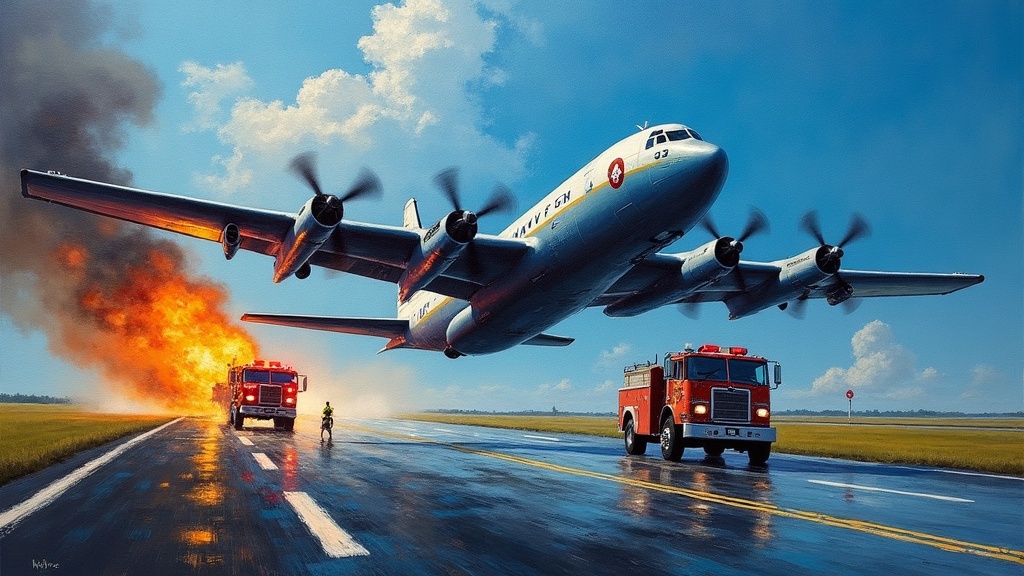 A Navy P-3 Orion aircraft veering off a runway at high speed toward fire trucks, propeller blades spinning dangerously close to emergency vehicles, debris and a Pepsi can suspended in mid-air