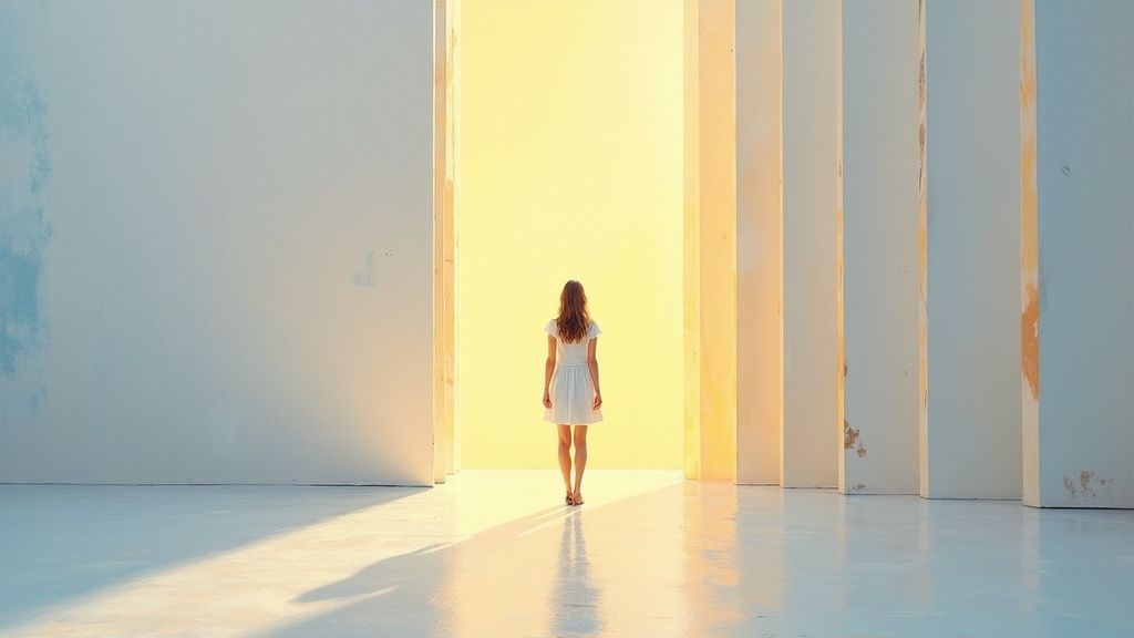 A luminous white building that appears molded from pearl, with light escaping from every surface and no visible light bulbs, perfectly clean with not a single scratch, and a beautiful woman in her thirties standing in the radiance, her face full of love and concern.