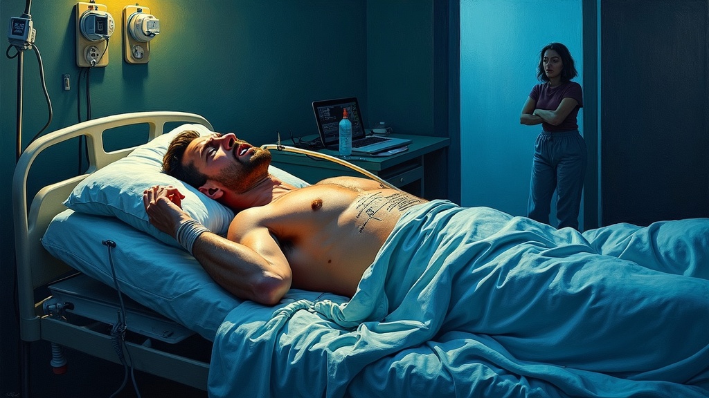 A man lying on a hospital bed with a breathing tube down his throat, sensors covering his bare chest, fighting violently against the intubation while his terrified wife watches from the doorway during peak COVID.