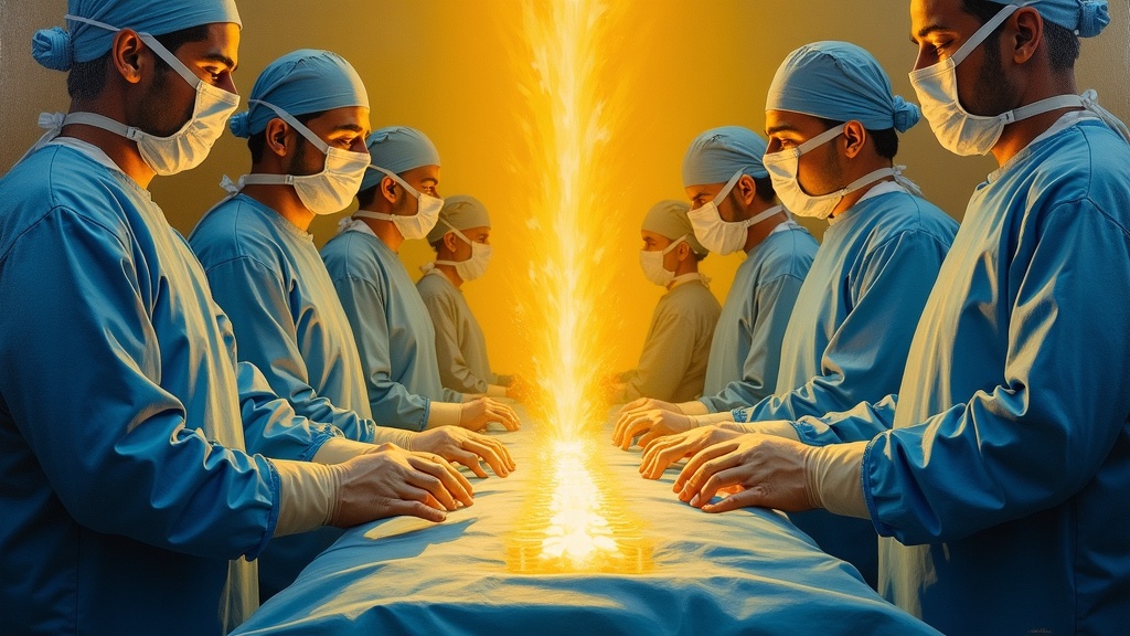 Nine-foot-tall luminous beings standing behind surgeons in an operating room, sending streams of golden light through the doctors' hands into a glowing spine on the table below.