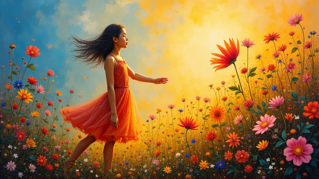 A luminous garden filled with impossible flowers and plant species never seen on Earth, where a teenage girl's spirit dances in perfect harmony with a radiant, otherworldly flower, both moving as ballerinas in sync, infused with waves of visible love and light.