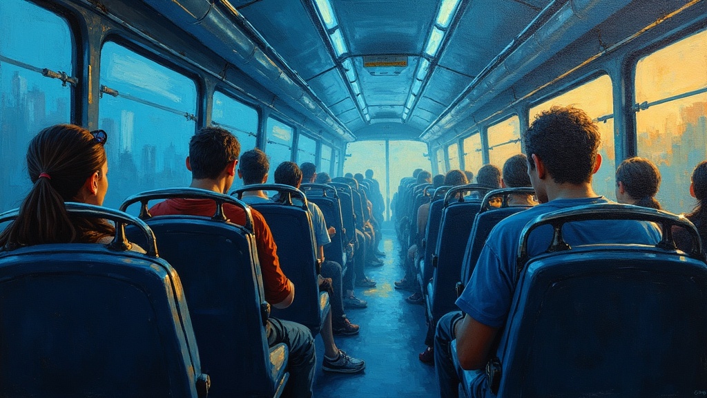 A teenage girl slumped forward on a tour bus in Italy, heart stopped, while energy patterns and waves shimmer visibly around the metal handrails and other passengers, unseen by everyone but her disembodied consciousness hovering above.