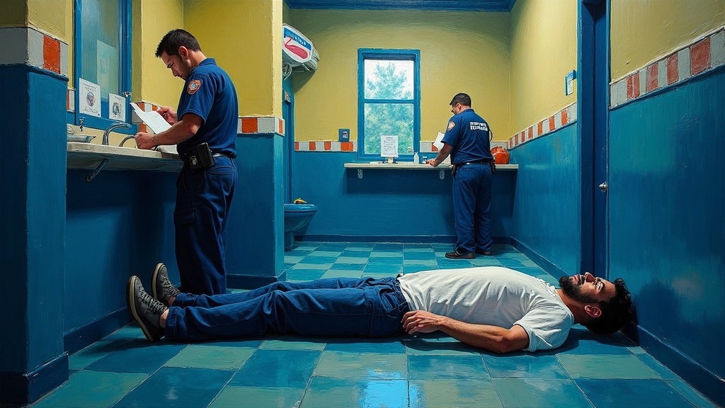 A man lying motionless on a bathroom floor, body bag beside him, while paramedics in the background fill out paperwork in a Dairy Queen restaurant.