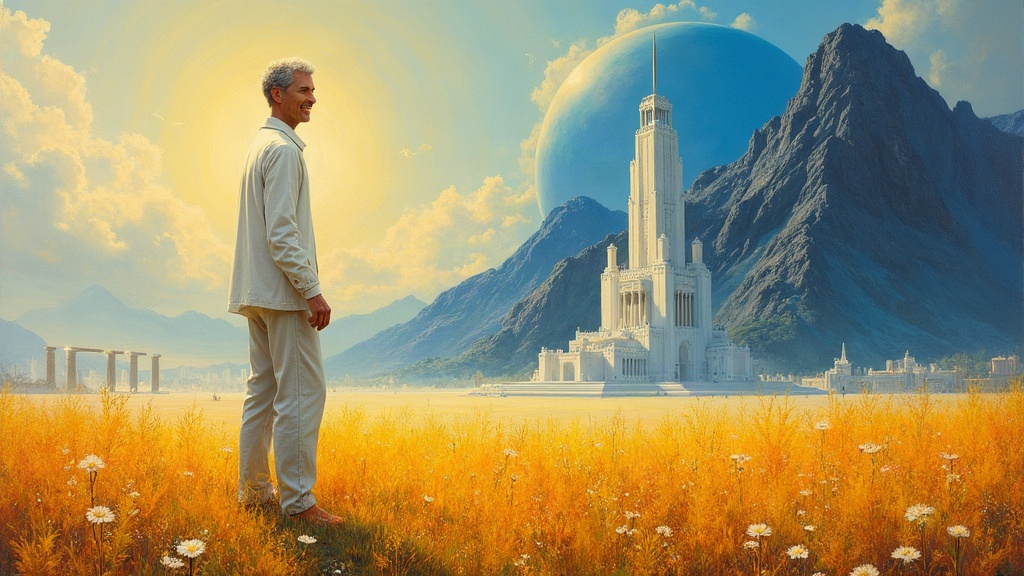 A man standing barefoot on glowing grass that radiates millions of shades of green, with oscillating rainbows shimmering off the blades. A white-haired guide in a white suit stands nearby, smiling. A massive marble building rises in the background near a mountain as big as a planet.