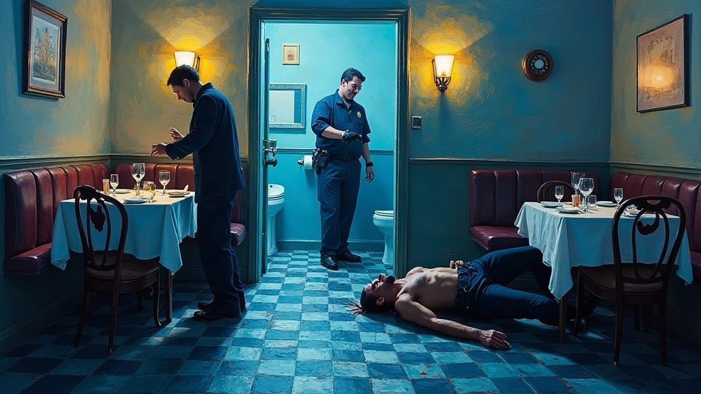 A man collapsed on a bathroom floor, vomiting, while an ambulance crew in the dining room deals with another victim. The bathroom door is locked. A customer keeps trying the handle.