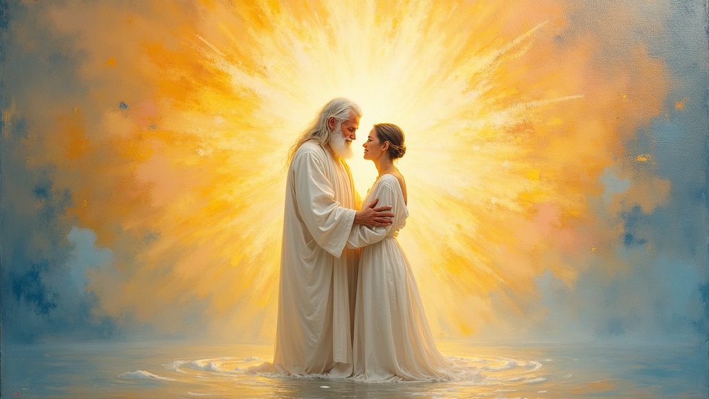 A man in white robes with a long white beard and glistening pink skin stands in a vast space filled with golden light, embracing another figure as their combined energies create an expanding radiance four times brighter than either alone.