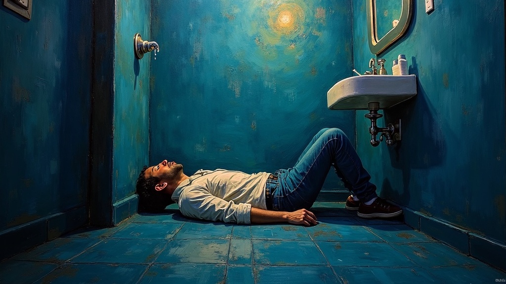 A man collapsed on his back in a locked restaurant bathroom, vomiting, suffocating, the room spinning into darkness as his consciousness separates from his body.